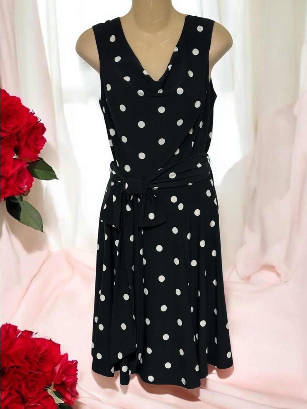 Ralph Lauren Black Sleeveless Polka Dot Midi Dress